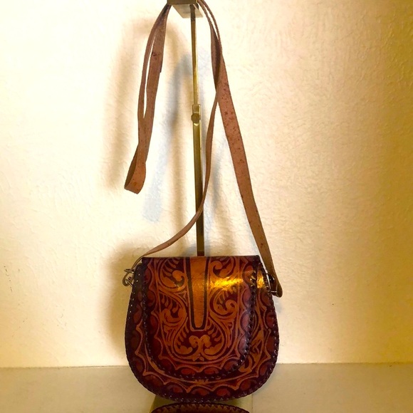 Handbags - Ornate Brown Leather Crossbody Bag with Floral Detailing